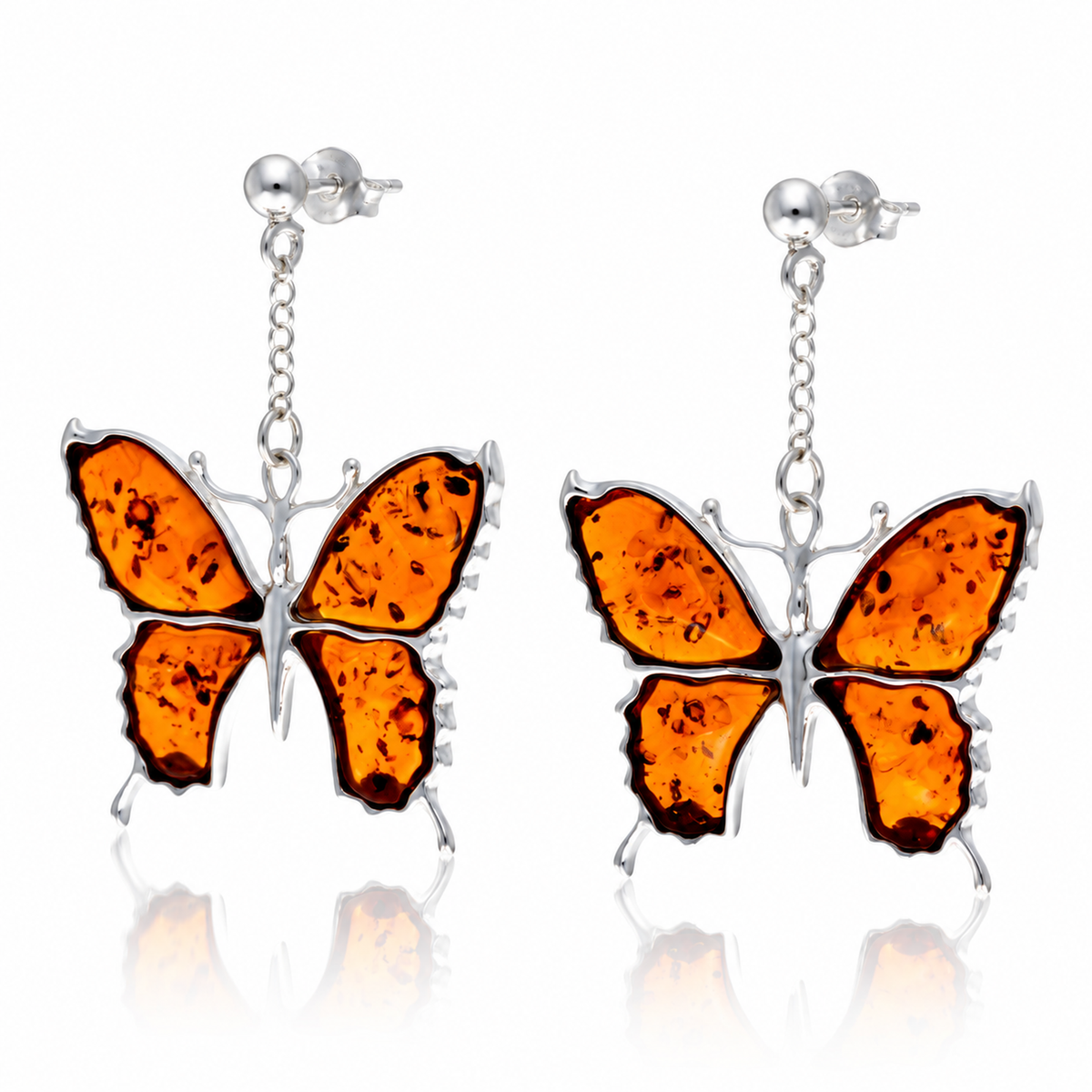925 Sterling Silver & Genuine Baltic Amber Exclusive Large Butterfly Drop Earrings - AB009