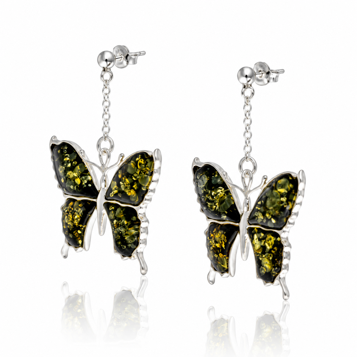925 Sterling Silver & Genuine Baltic Amber Exclusive Large Butterfly Drop Earrings - AB009