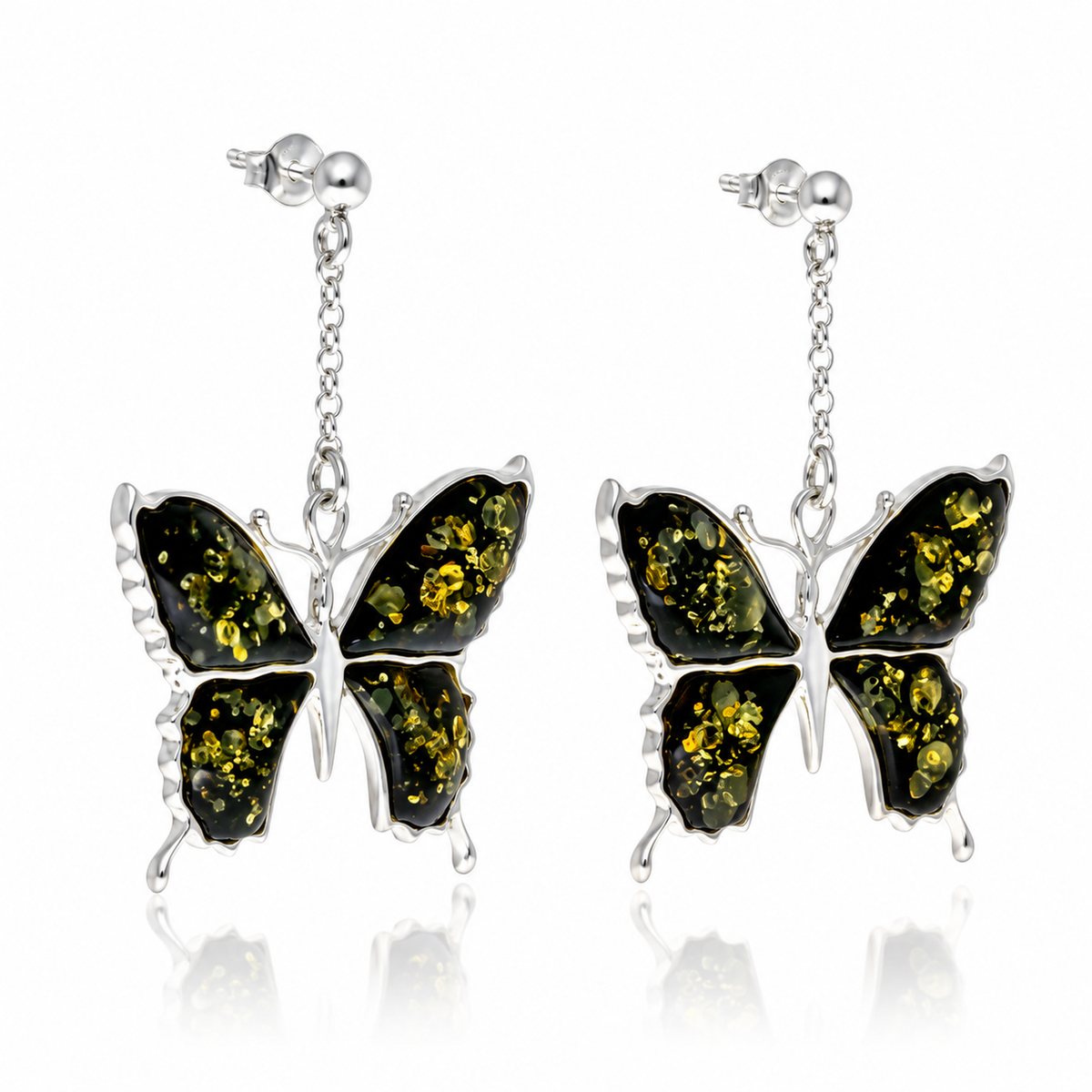 925 Sterling Silver & Genuine Baltic Amber Exclusive Large Butterfly Drop Earrings - AB009