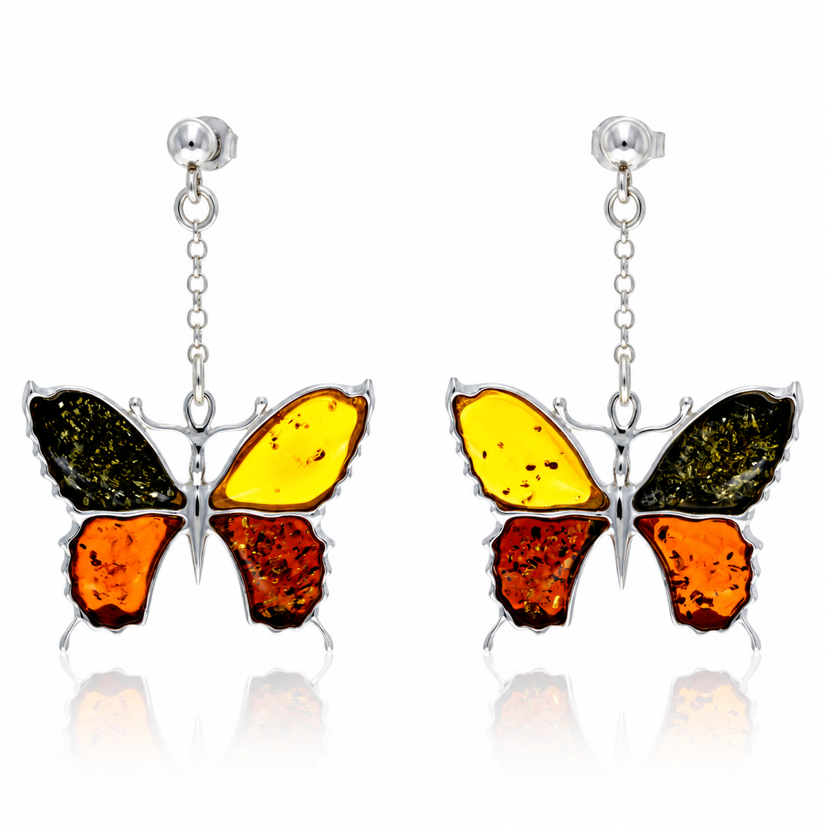 925 Sterling Silver & Genuine Baltic Amber Exclusive Large Butterfly Drop Earrings - AB009