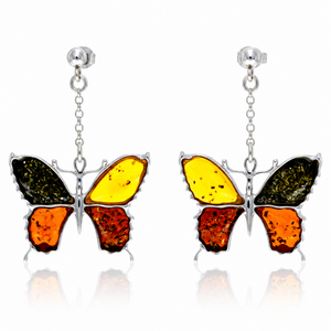 925 Sterling Silver & Genuine Baltic Amber Exclusive Large Butterfly Drop Earrings - AB009