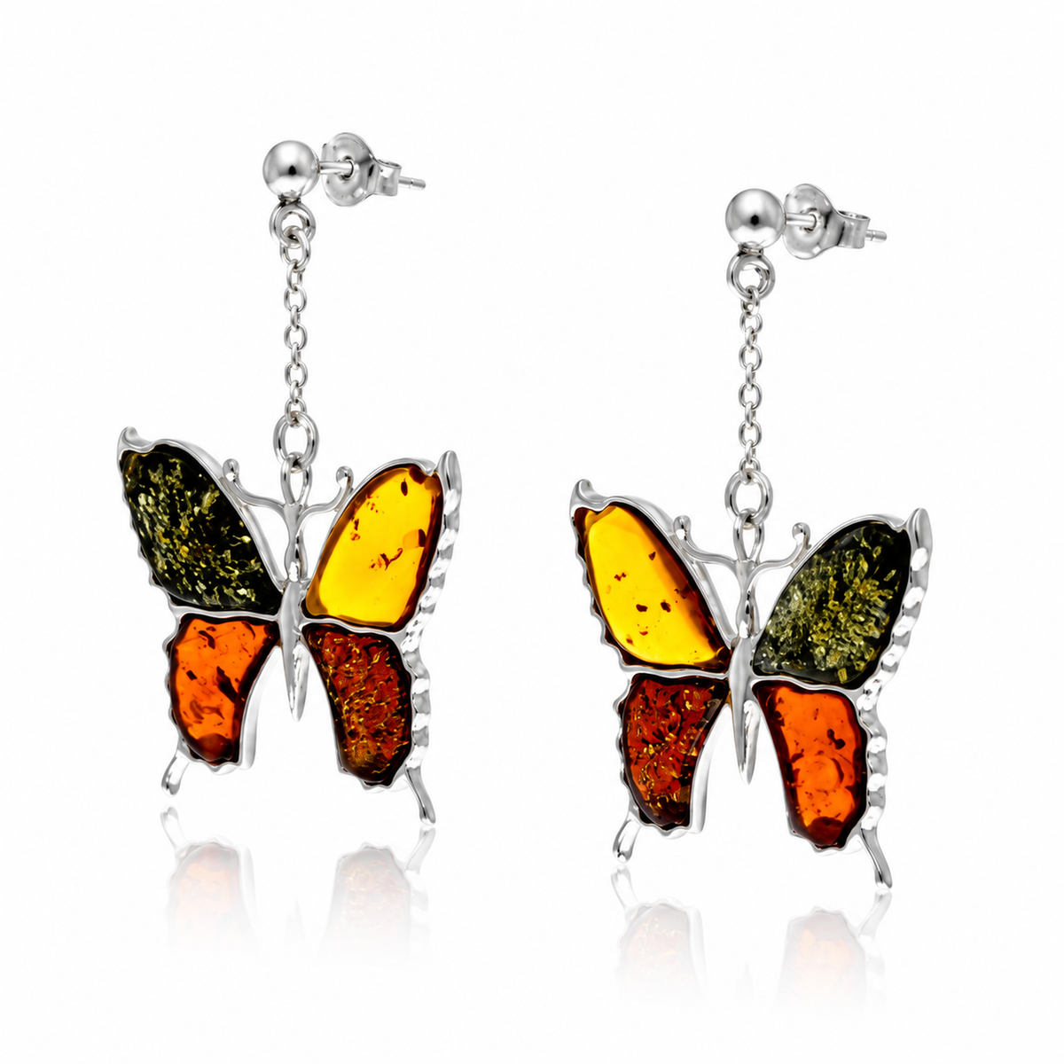 925 Sterling Silver & Genuine Baltic Amber Exclusive Large Butterfly Drop Earrings - AB009