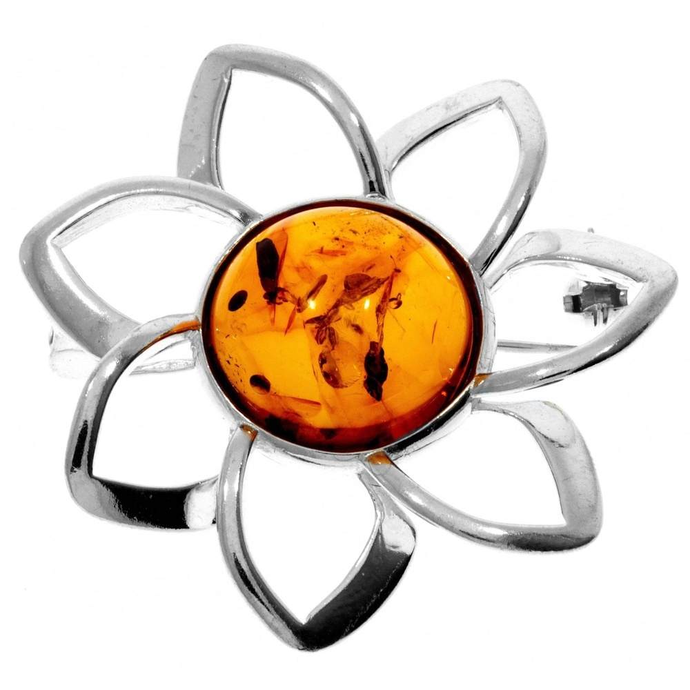 925 Sterling Silver & Baltic Amber Classic Round Flower Brooch - AB01