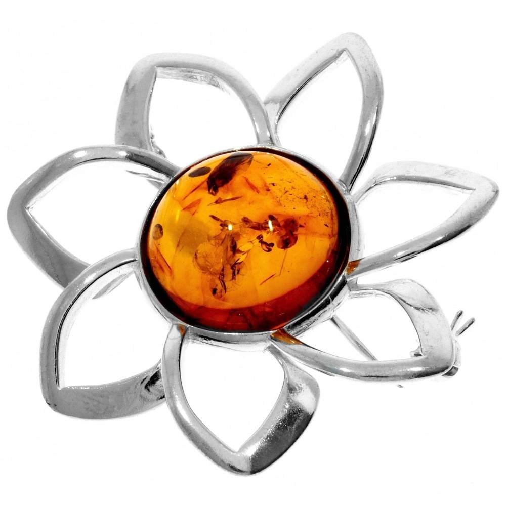925 Sterling Silver & Baltic Amber Classic Round Flower Brooch - AB01