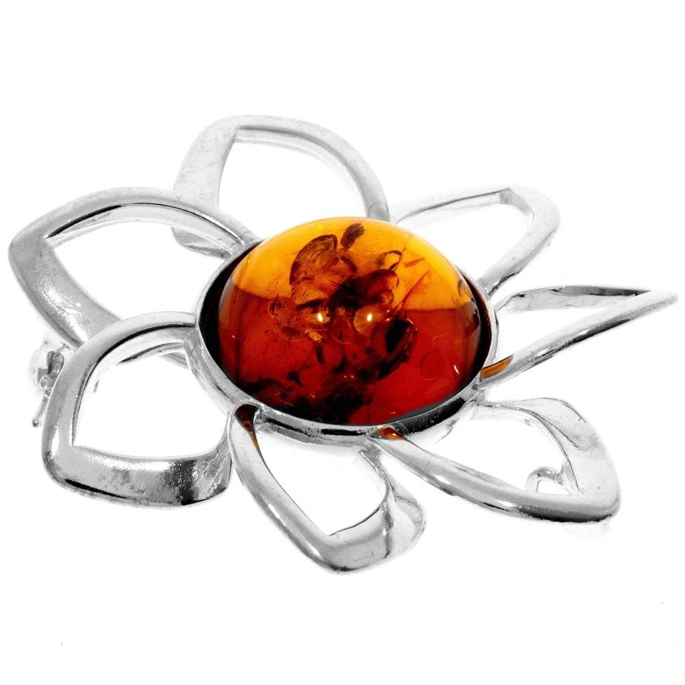 925 Sterling Silver & Baltic Amber Classic Round Flower Brooch - AB01