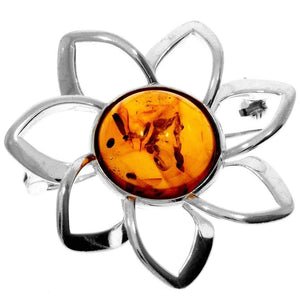925 Sterling Silver & Baltic Amber Classic Round Flower Brooch - AB01