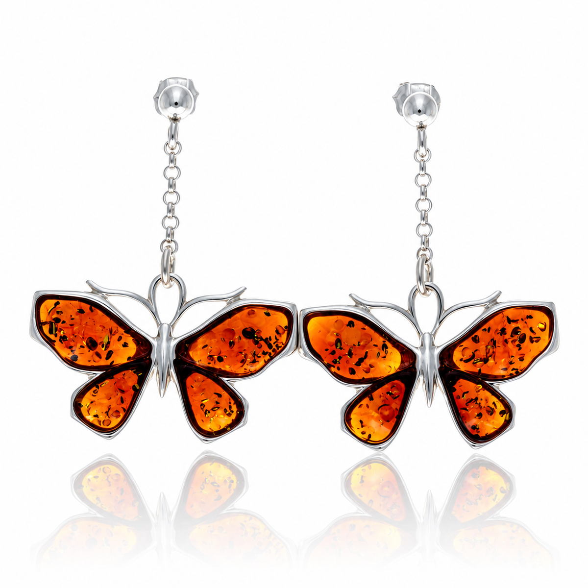 925 Sterling Silver & Genuine Baltic Amber Exclusive Large Butterfly Drop Earrings - AB010
