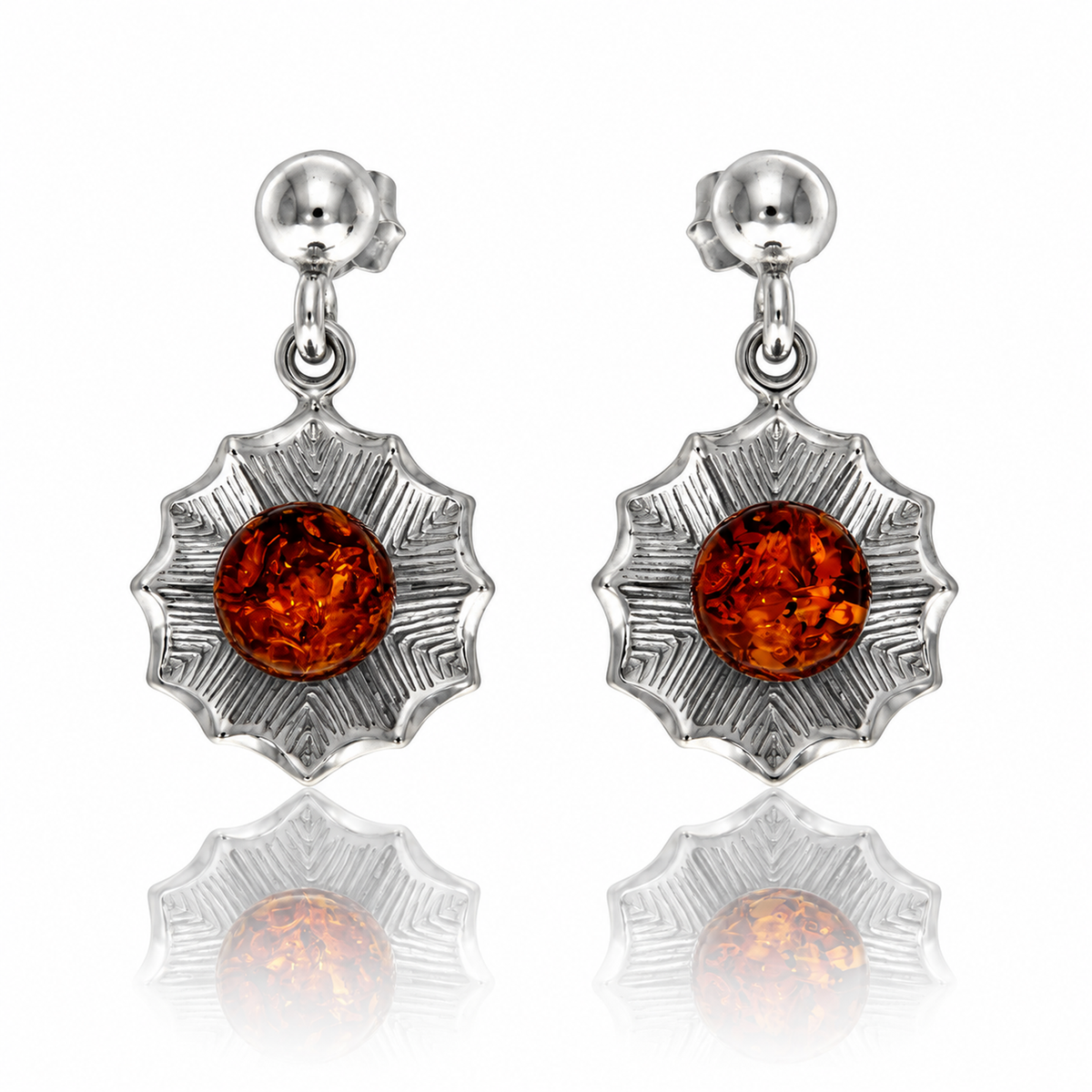 925 Sterling Silver & Genuine Baltic Amber Leaf Drop Earrings with Amber Ball - AB012