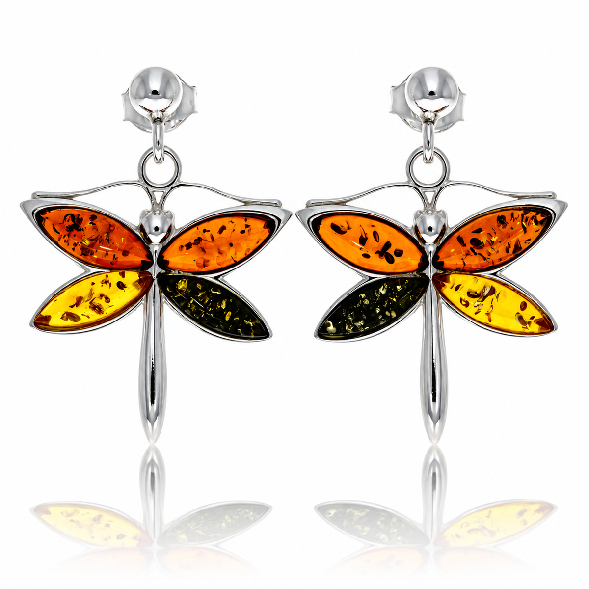 925 Sterling Silver & Genuine Baltic Amber Dragonfly Earrings - AB013