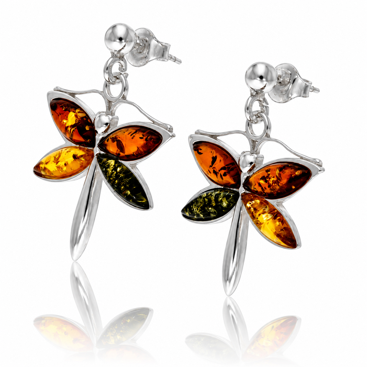 925 Sterling Silver & Genuine Baltic Amber Dragonfly Earrings - AB013