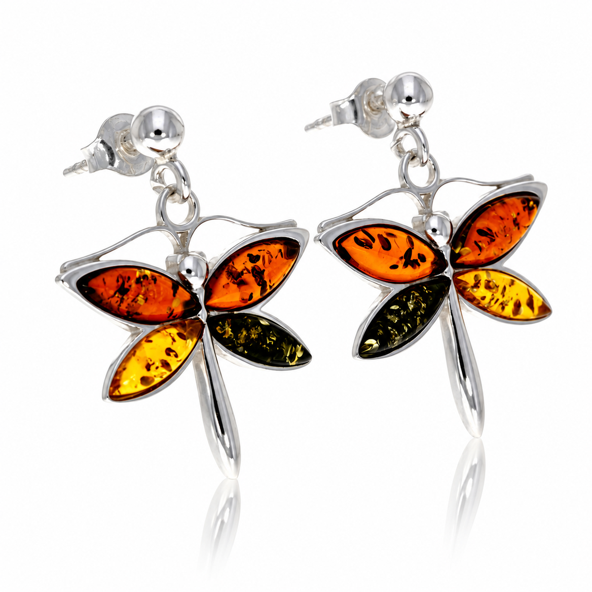 925 Sterling Silver & Genuine Baltic Amber Dragonfly Earrings - AB013