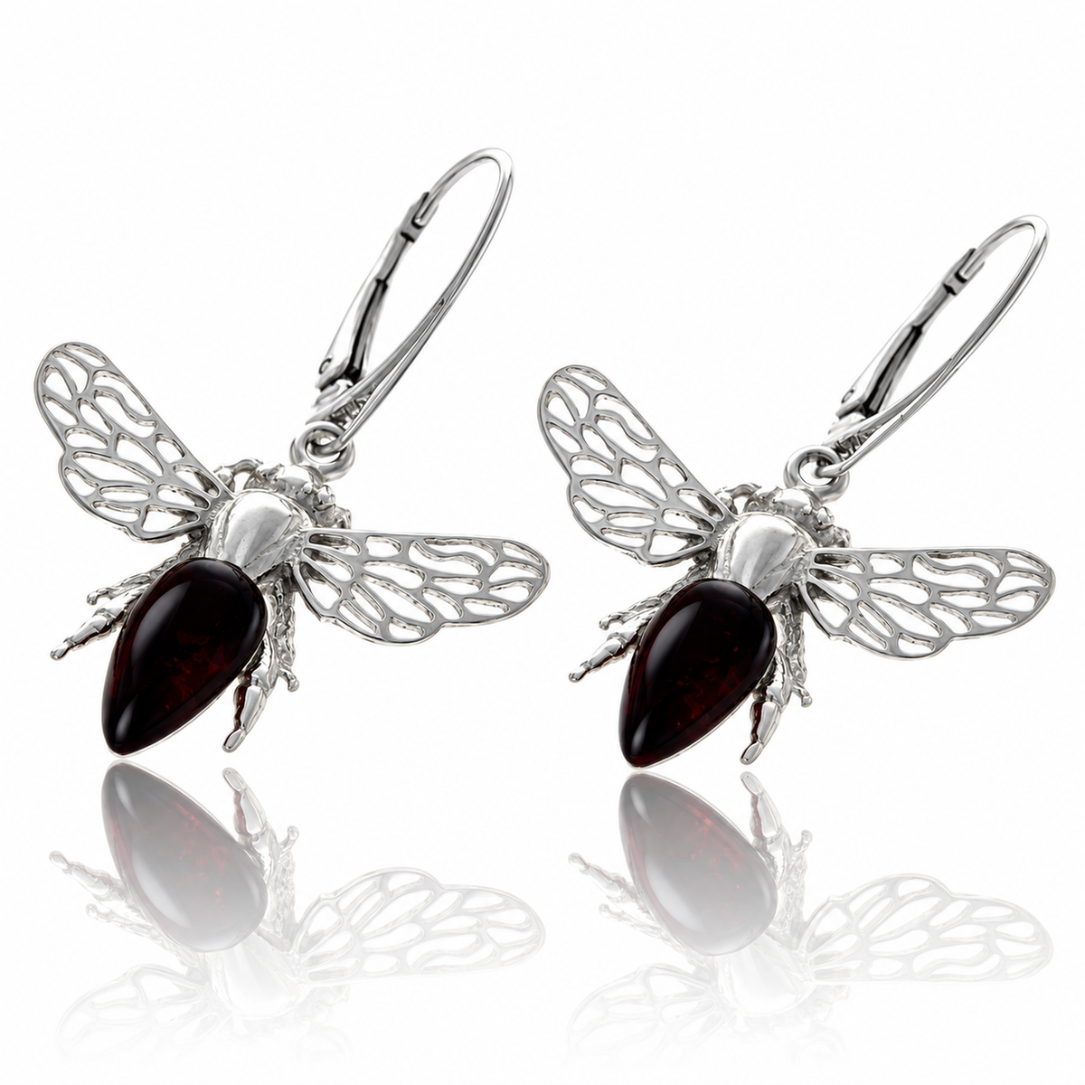 925 Sterling Silver & Genuine Baltic Amber Amber Bee Drop Earrings with Openwork Silver Wings - AB014