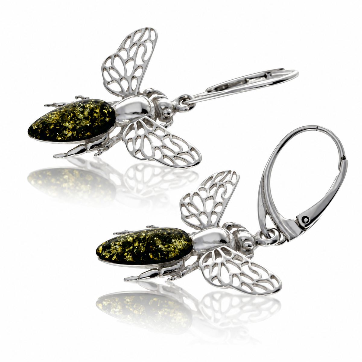 925 Sterling Silver & Genuine Baltic Amber Amber Bee Drop Earrings with Openwork Silver Wings - AB014