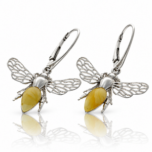 925 Sterling Silver & Genuine Baltic Amber Amber Bee Drop Earrings with Openwork Silver Wings - AB014
