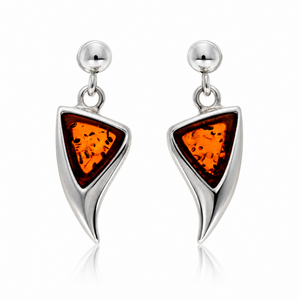 925 Sterling Silver & Genuine Baltic Amber Triangle Drop Earrings - AB018D