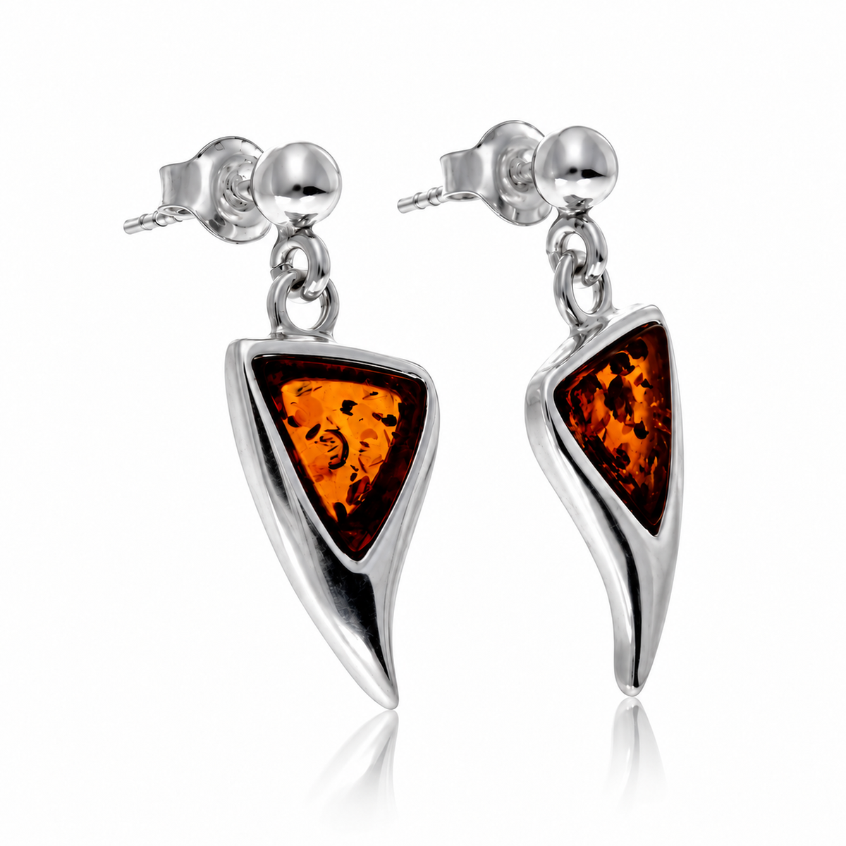 925 Sterling Silver & Genuine Baltic Amber Triangle Drop Earrings - AB018D