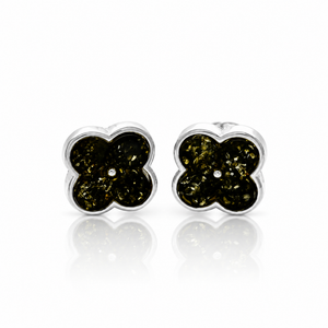 925 Sterling Silver & Genuine Baltic Amber Clover Stud Earrings - AB019