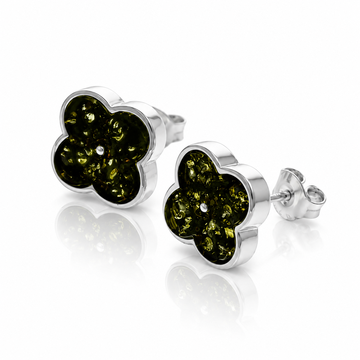 925 Sterling Silver & Genuine Baltic Amber Clover Stud Earrings - AB019