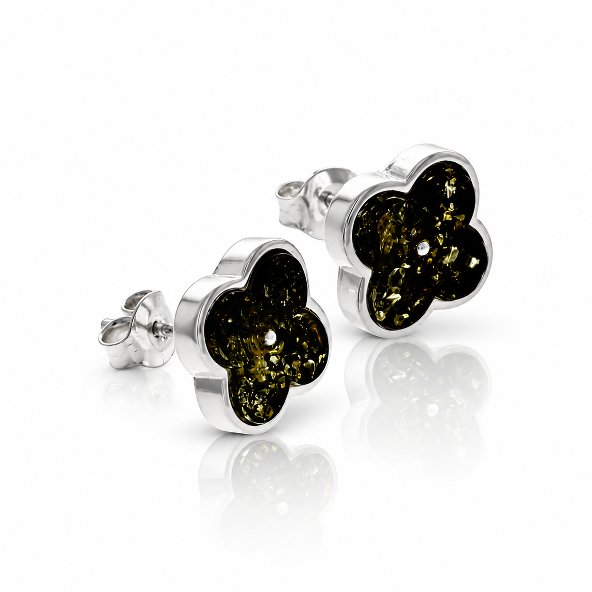 925 Sterling Silver & Genuine Baltic Amber Clover Stud Earrings - AB019