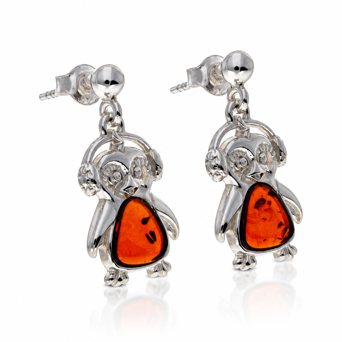 925 Sterling Silver & Genuine Baltic Amber Winter Pinguin Drop Earrings - AB020