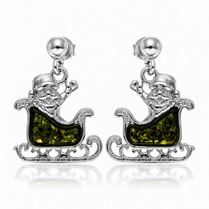 925 Sterling Silver & Genuine Baltic Amber Winter Santa Sledge Drop Earrings - AB022