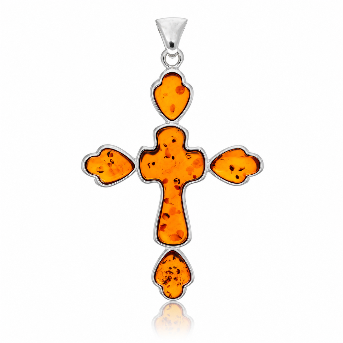 925 Sterling Silver & Genuine Baltic Amber Exclusive Large Cross Pendant - AB208