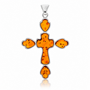 925 Sterling Silver & Genuine Baltic Amber Exclusive Large Cross Pendant - AB208