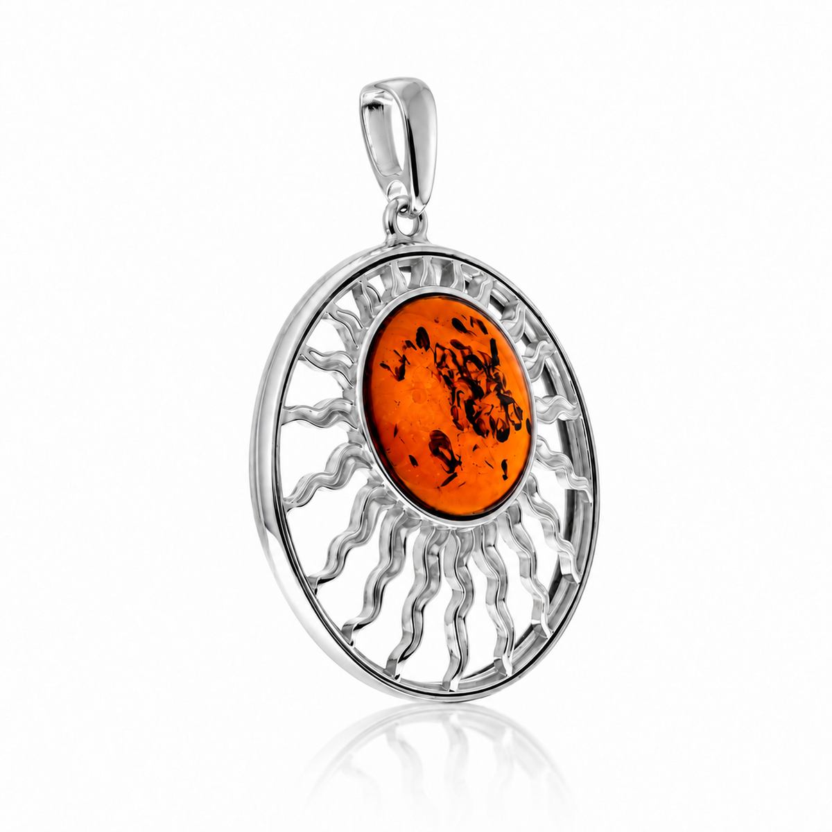 925 Sterling Silver & Genuine Baltic Amber Exclusive Sun Pendant - AB209