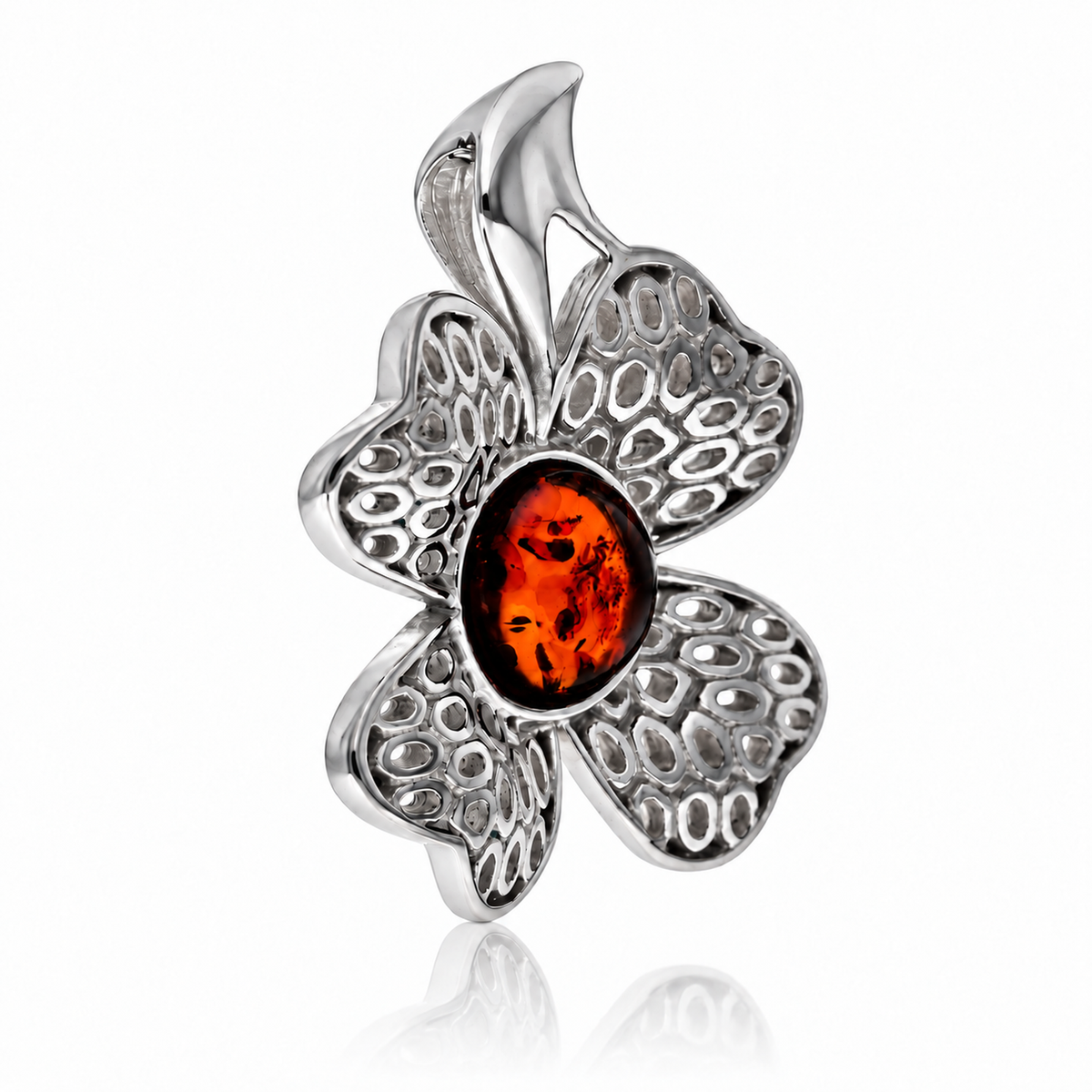 925 Sterling Silver & Genuine Baltic Amber Clover Pendant - AB212