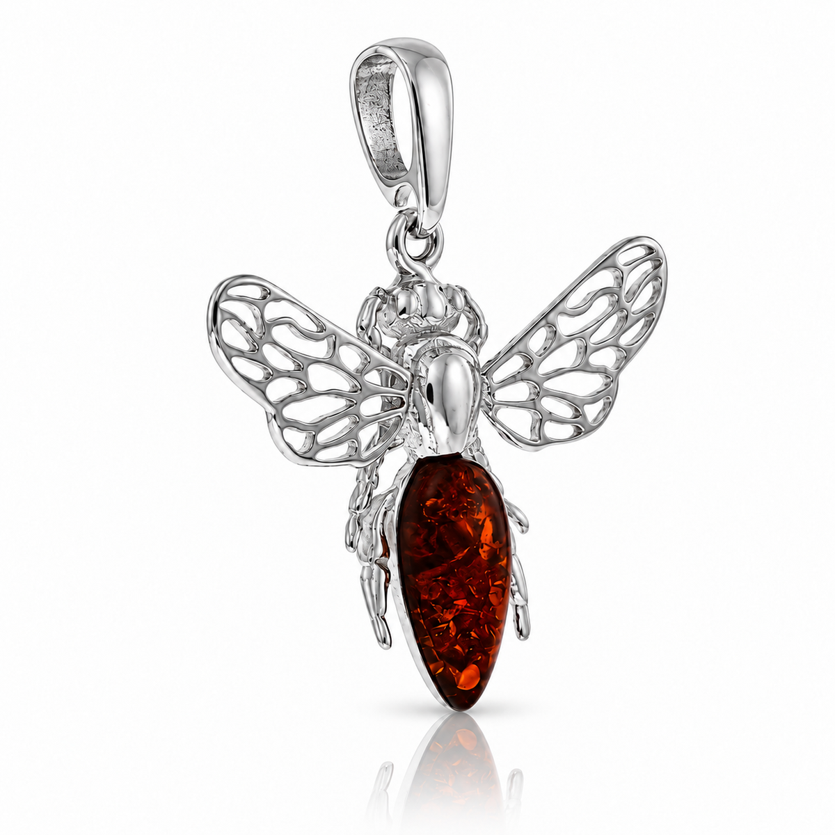 925 Sterling Silver & Genuine Baltic Amber Amber Bee Pendant with Openwork Silver Wings - AB216