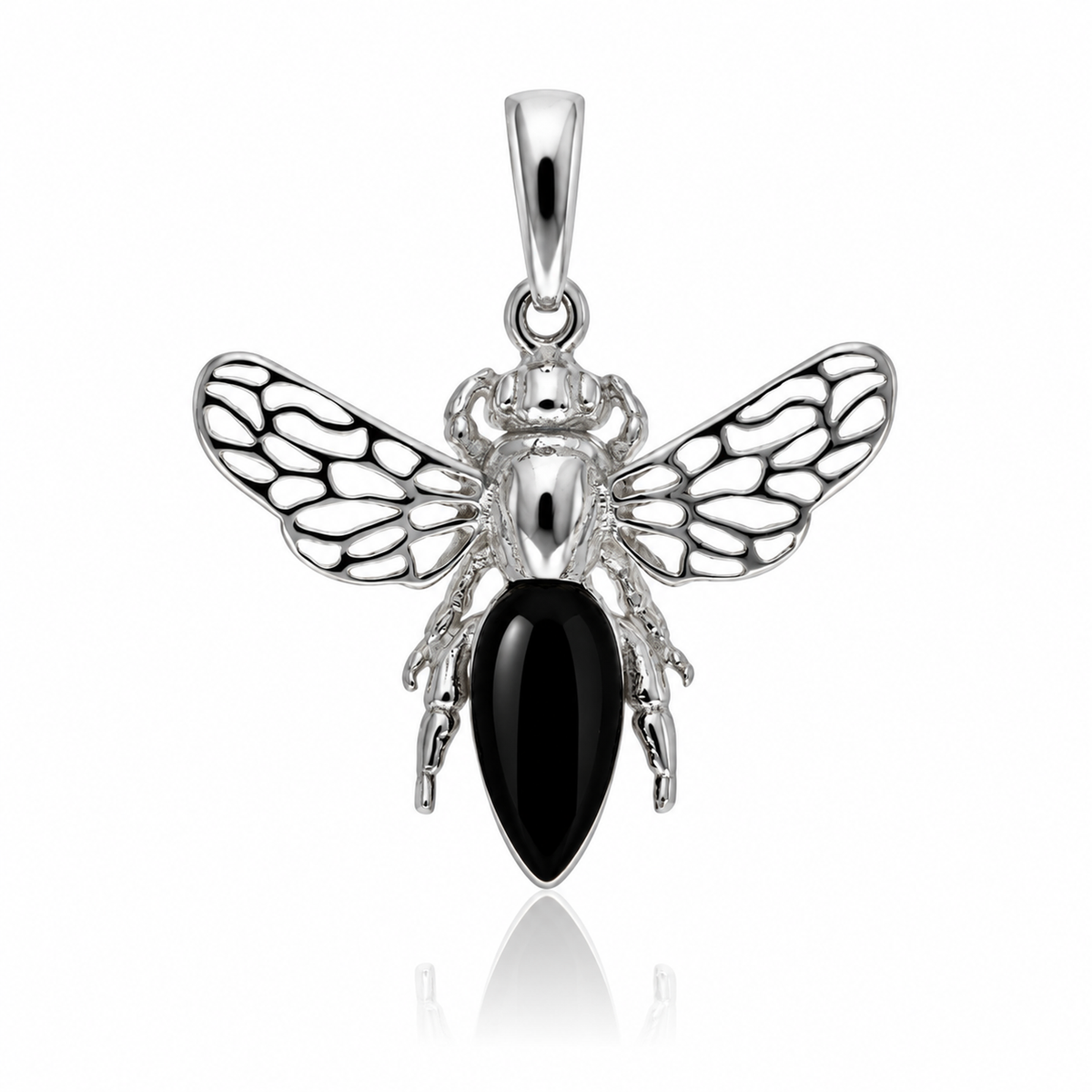 925 Sterling Silver & Genuine Baltic Amber Amber Bee Pendant with Openwork Silver Wings - AB216