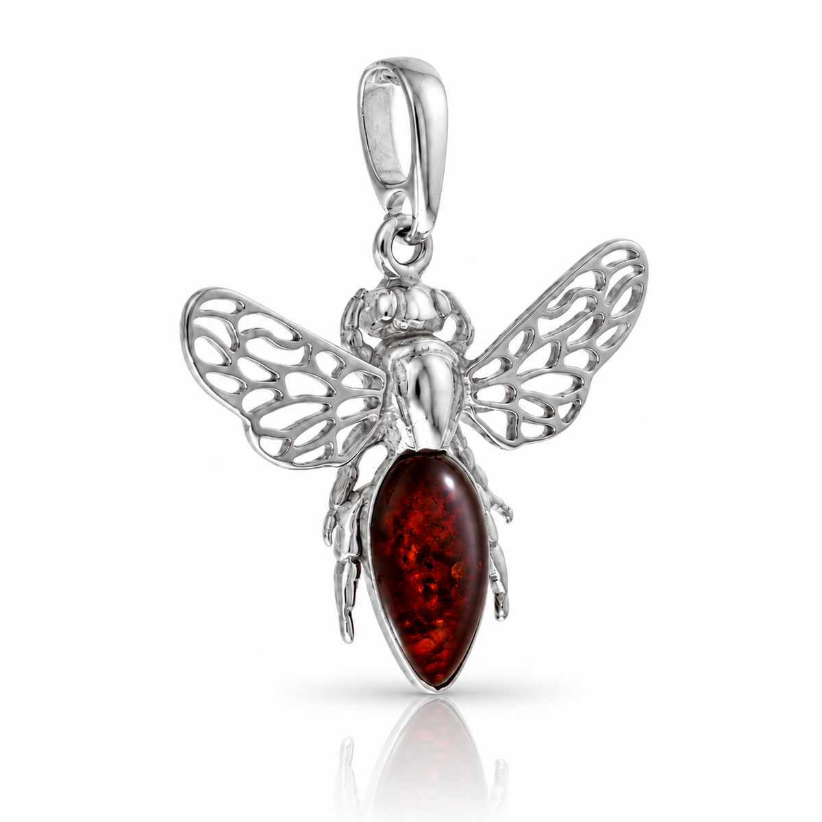 925 Sterling Silver & Genuine Baltic Amber Amber Bee Pendant with Openwork Silver Wings - AB216