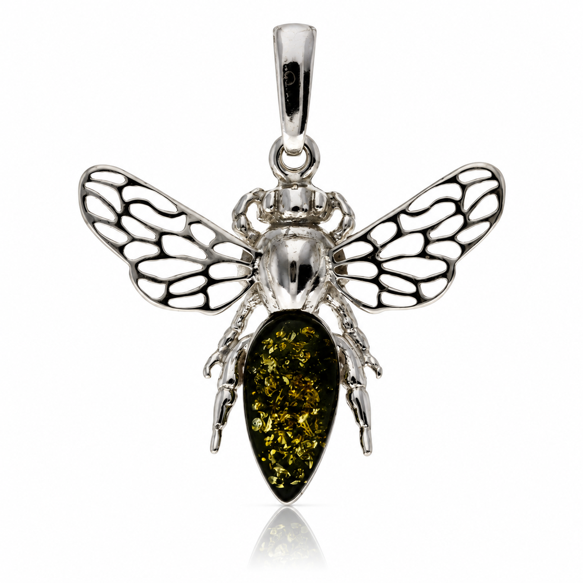 925 Sterling Silver & Genuine Baltic Amber Amber Bee Pendant with Openwork Silver Wings - AB216