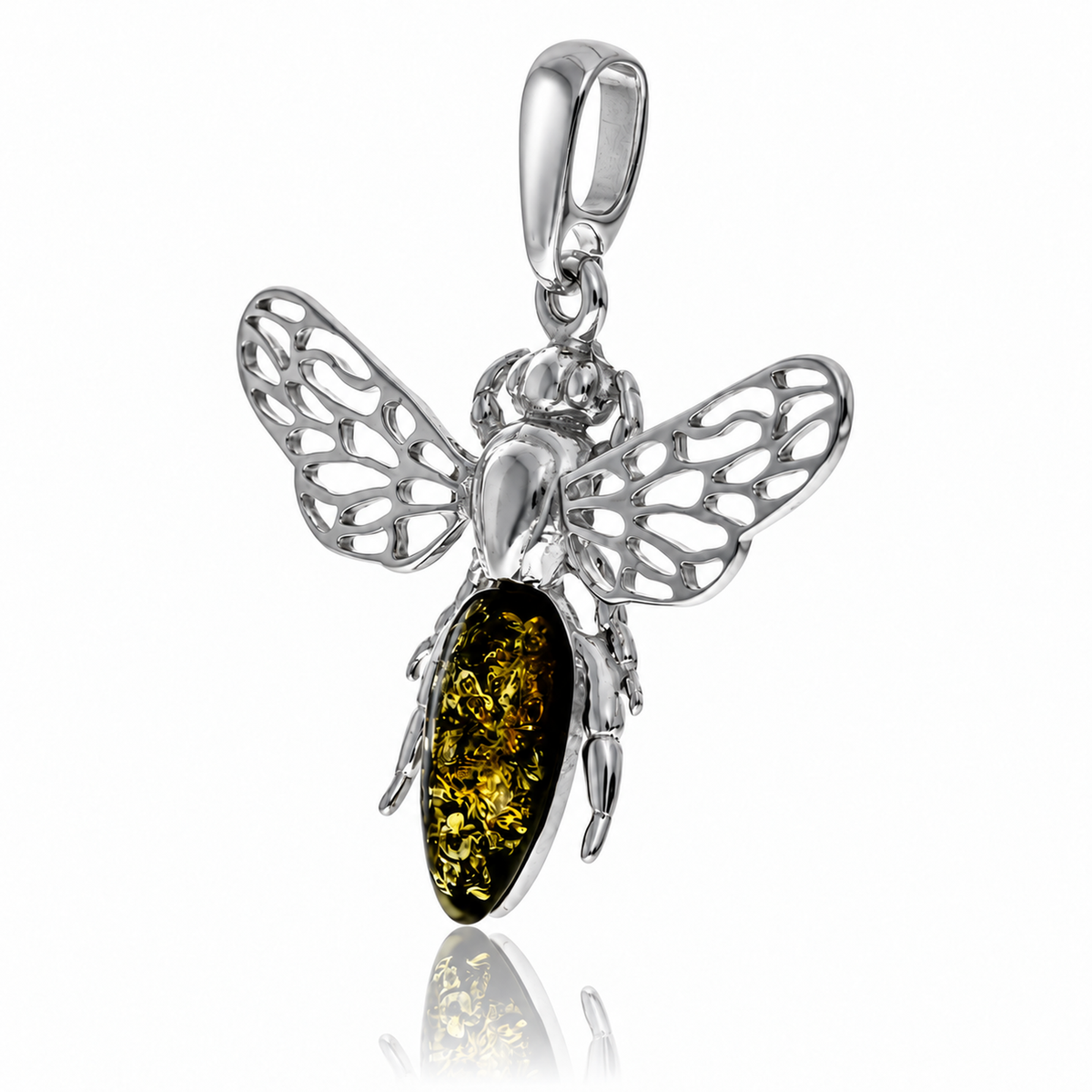 925 Sterling Silver & Genuine Baltic Amber Amber Bee Pendant with Openwork Silver Wings - AB216