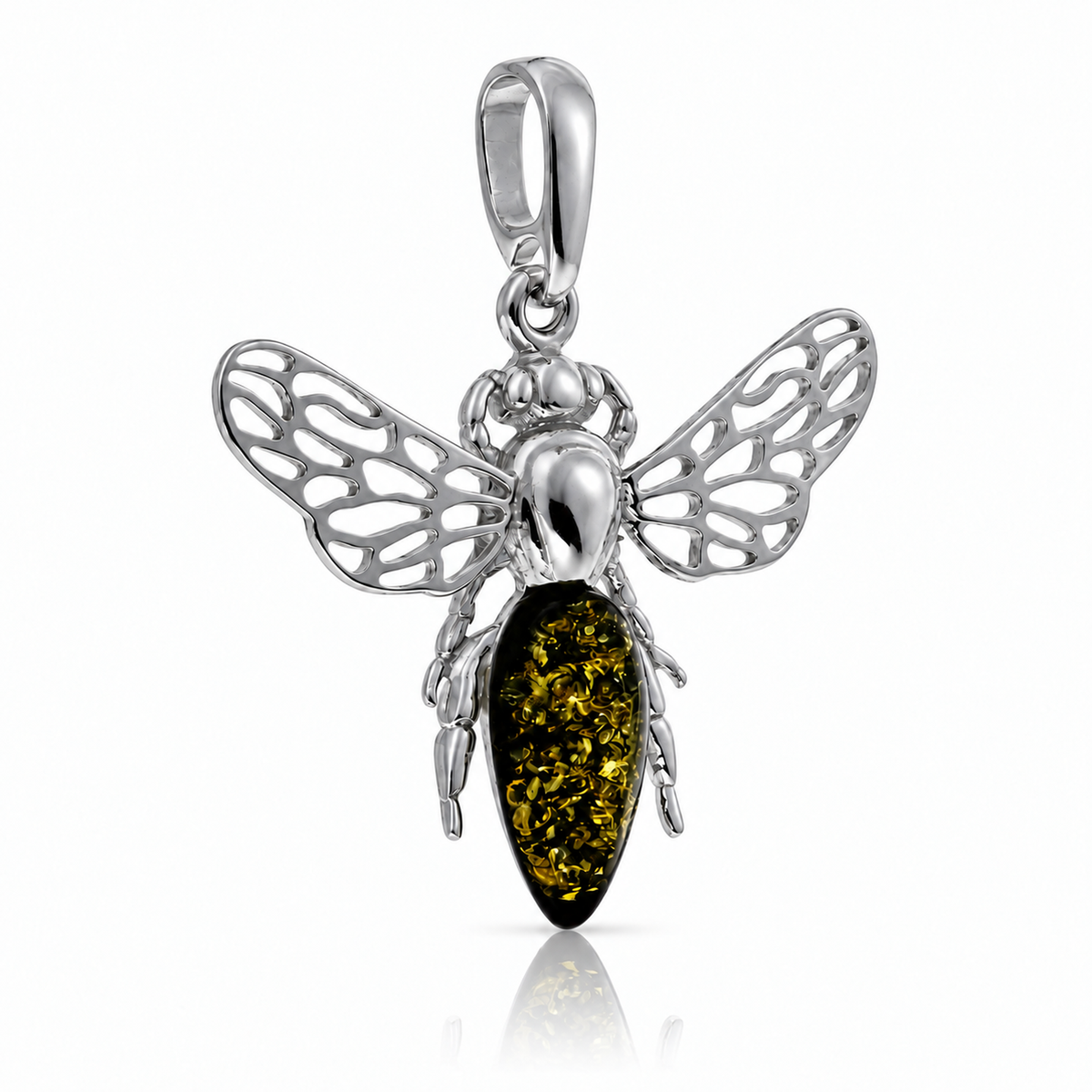 925 Sterling Silver & Genuine Baltic Amber Amber Bee Pendant with Openwork Silver Wings - AB216