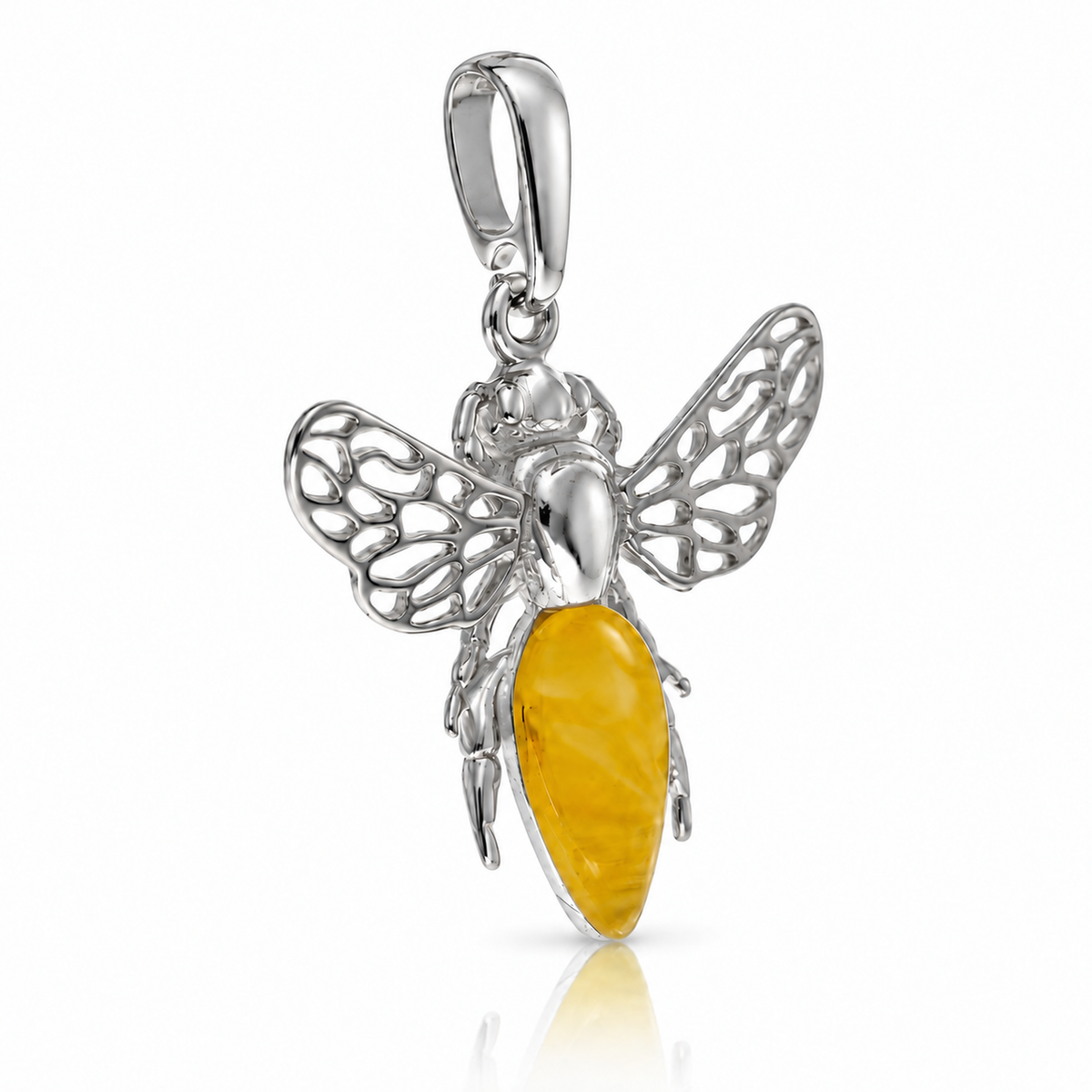 925 Sterling Silver & Genuine Baltic Amber Amber Bee Pendant with Openwork Silver Wings - AB216