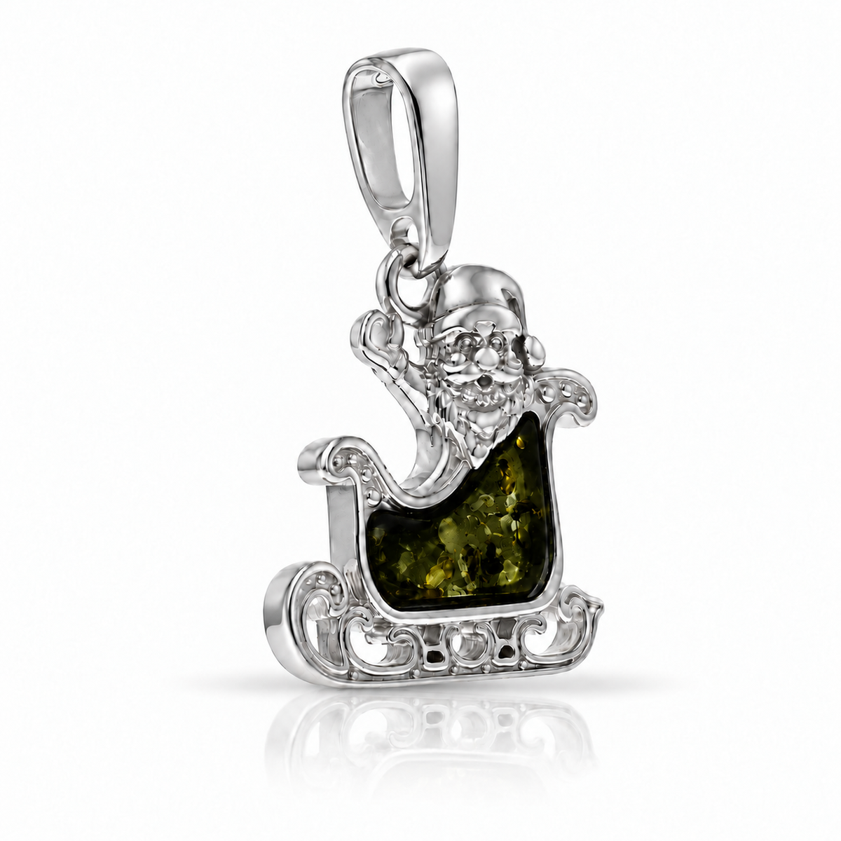 925 Sterling Silver & Genuine Baltic Amber Winter Santa Sledge Pendant - AB218