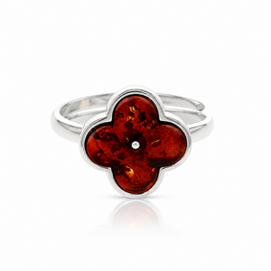 925 Sterling Silver & Genuine Baltic Amber Clover Adjustable Ring - AB402