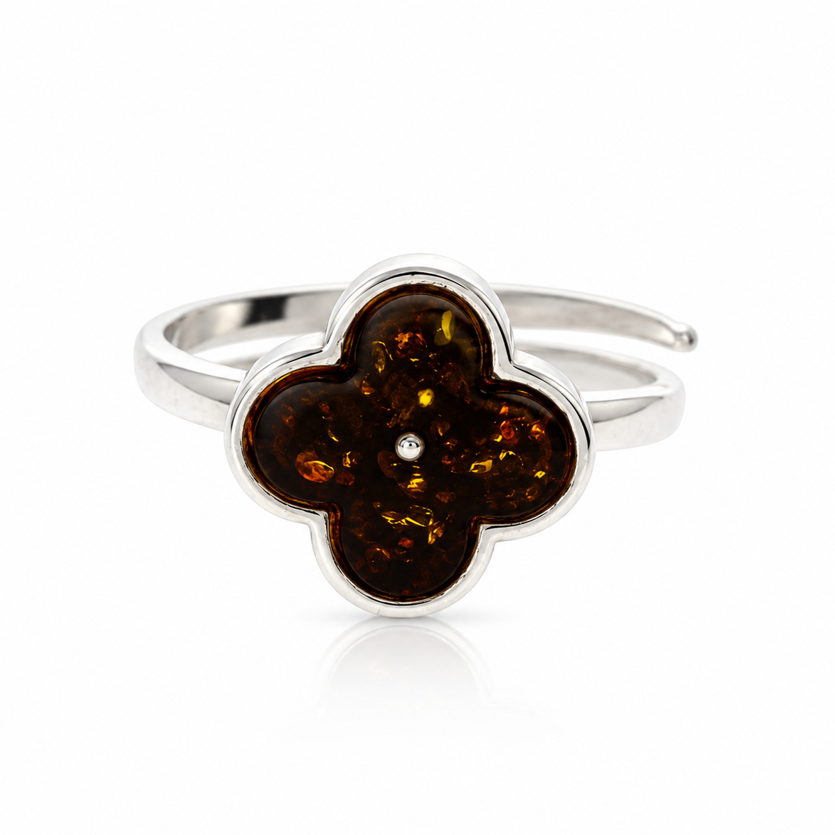 925 Sterling Silver & Genuine Baltic Amber Clover Adjustable Ring - AB402