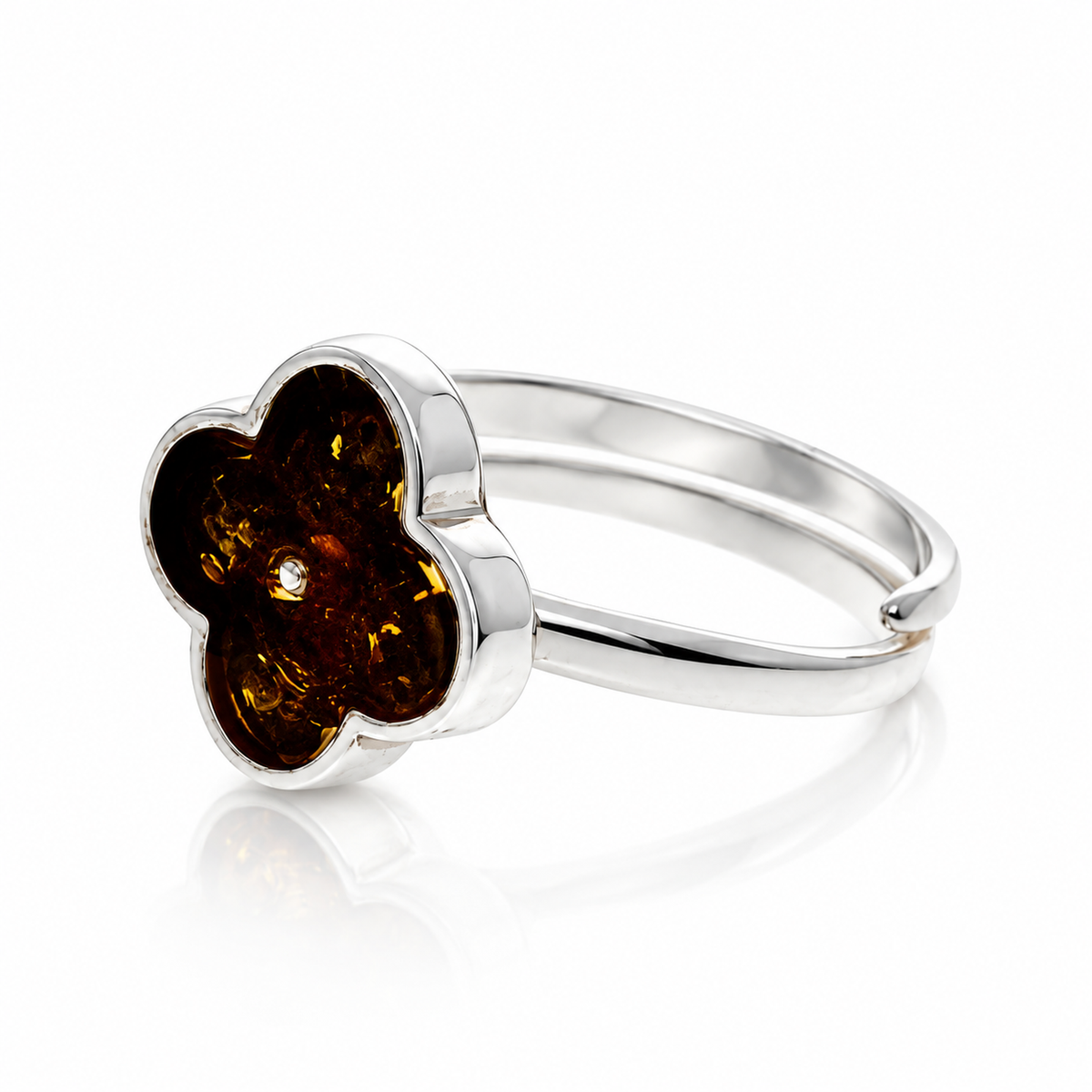 925 Sterling Silver & Genuine Baltic Amber Clover Adjustable Ring - AB402