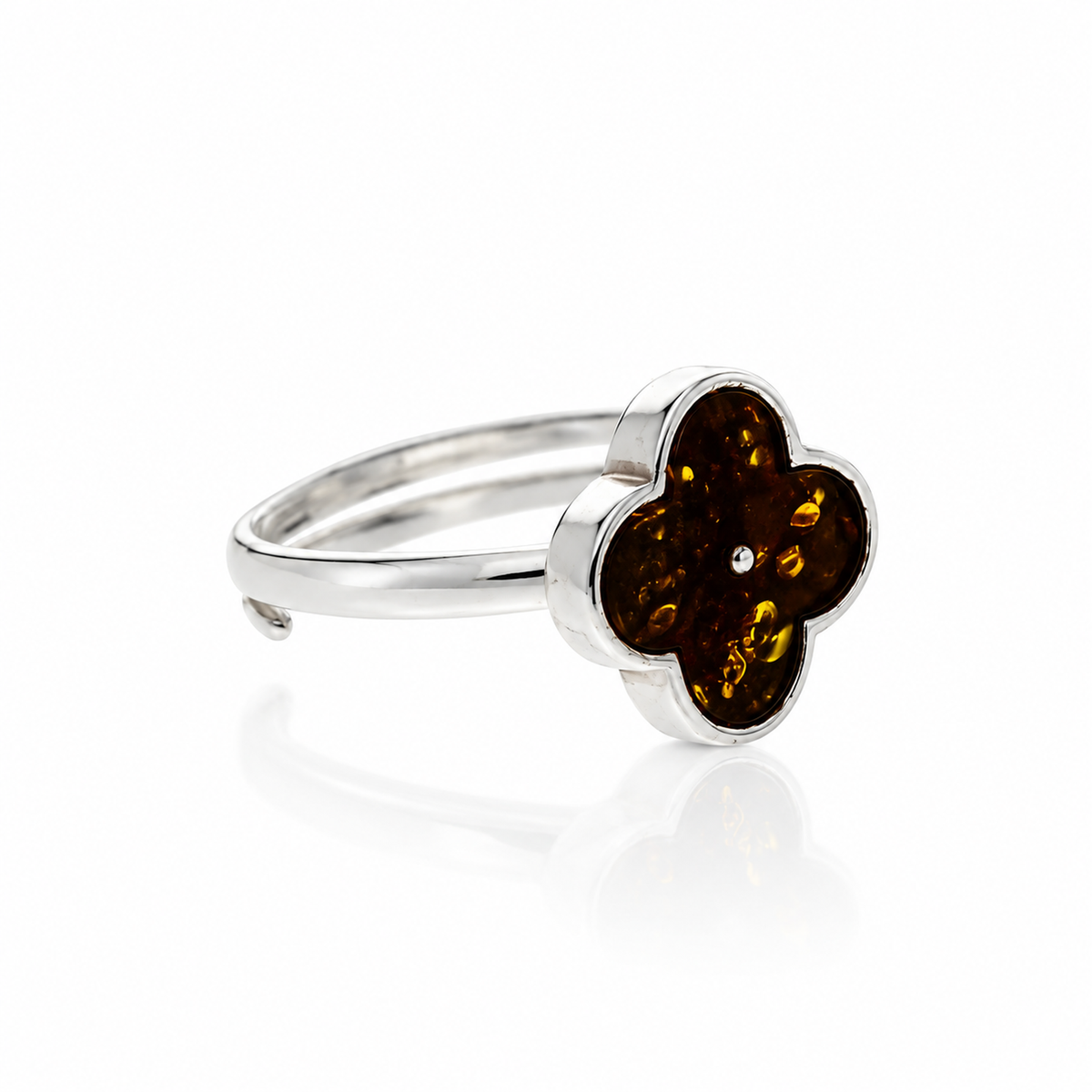 925 Sterling Silver & Genuine Baltic Amber Clover Adjustable Ring - AB402