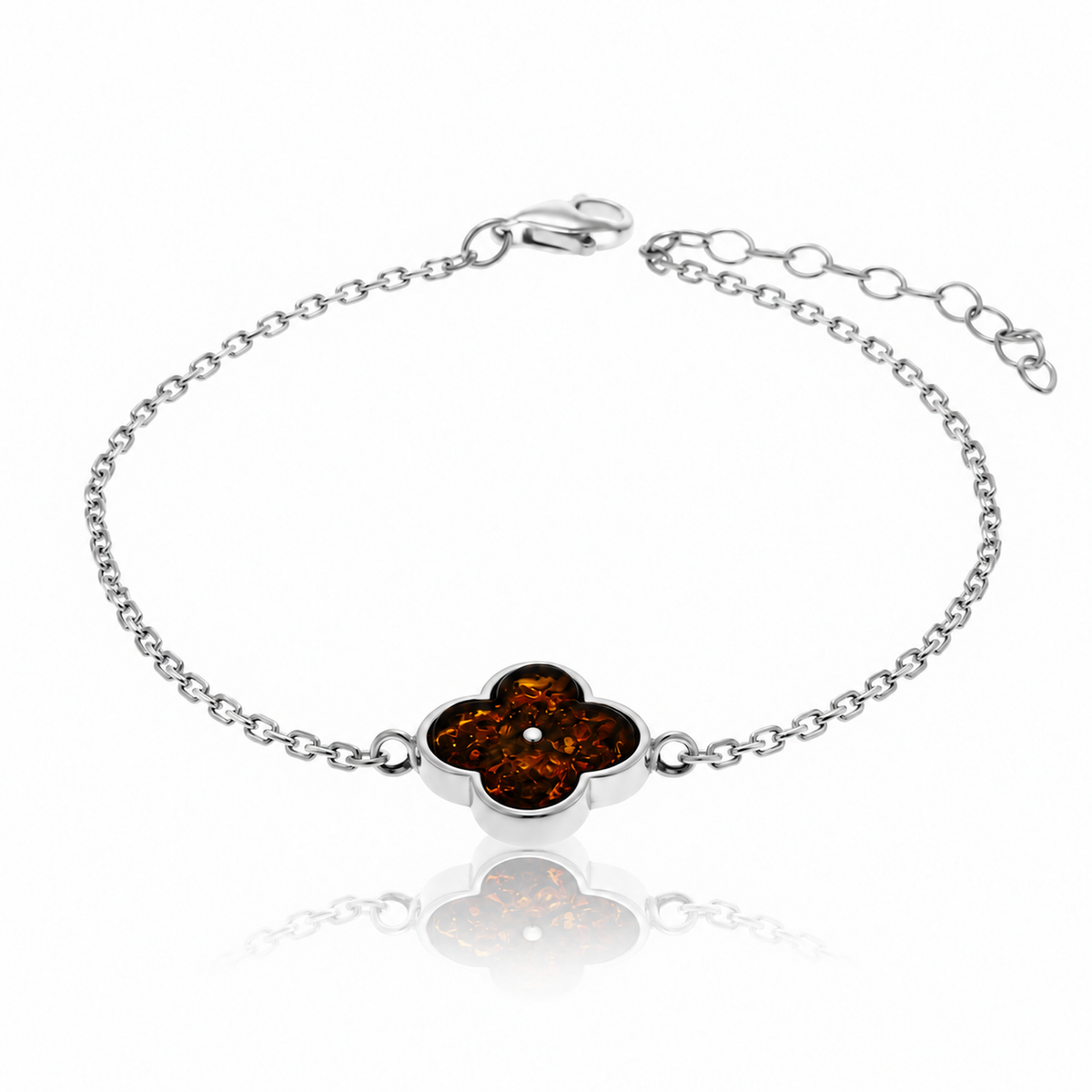 925 Sterling Silver & Genuine Baltic Amber Modern Clover Adjustable Bracelet - AB500