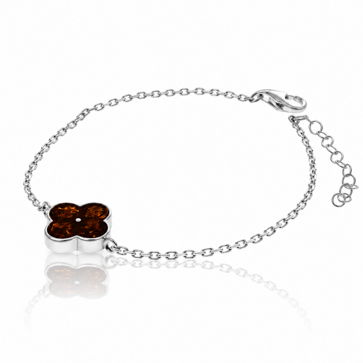 925 Sterling Silver & Genuine Baltic Amber Modern Clover Adjustable Bracelet - AB500