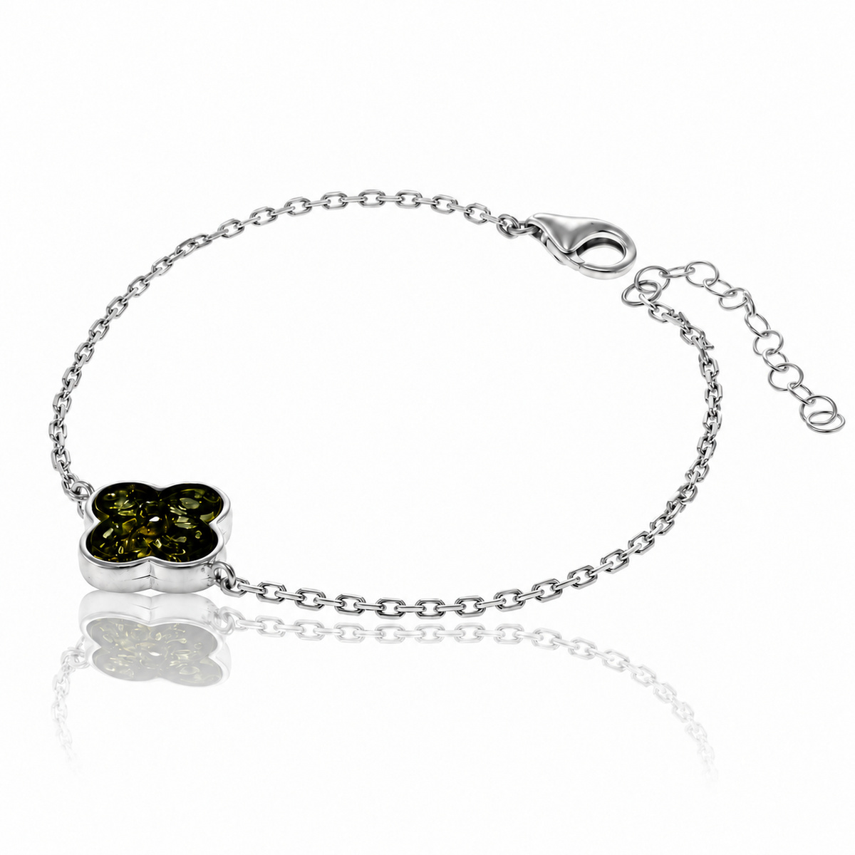 925 Sterling Silver & Genuine Baltic Amber Modern Clover Adjustable Bracelet - AB500
