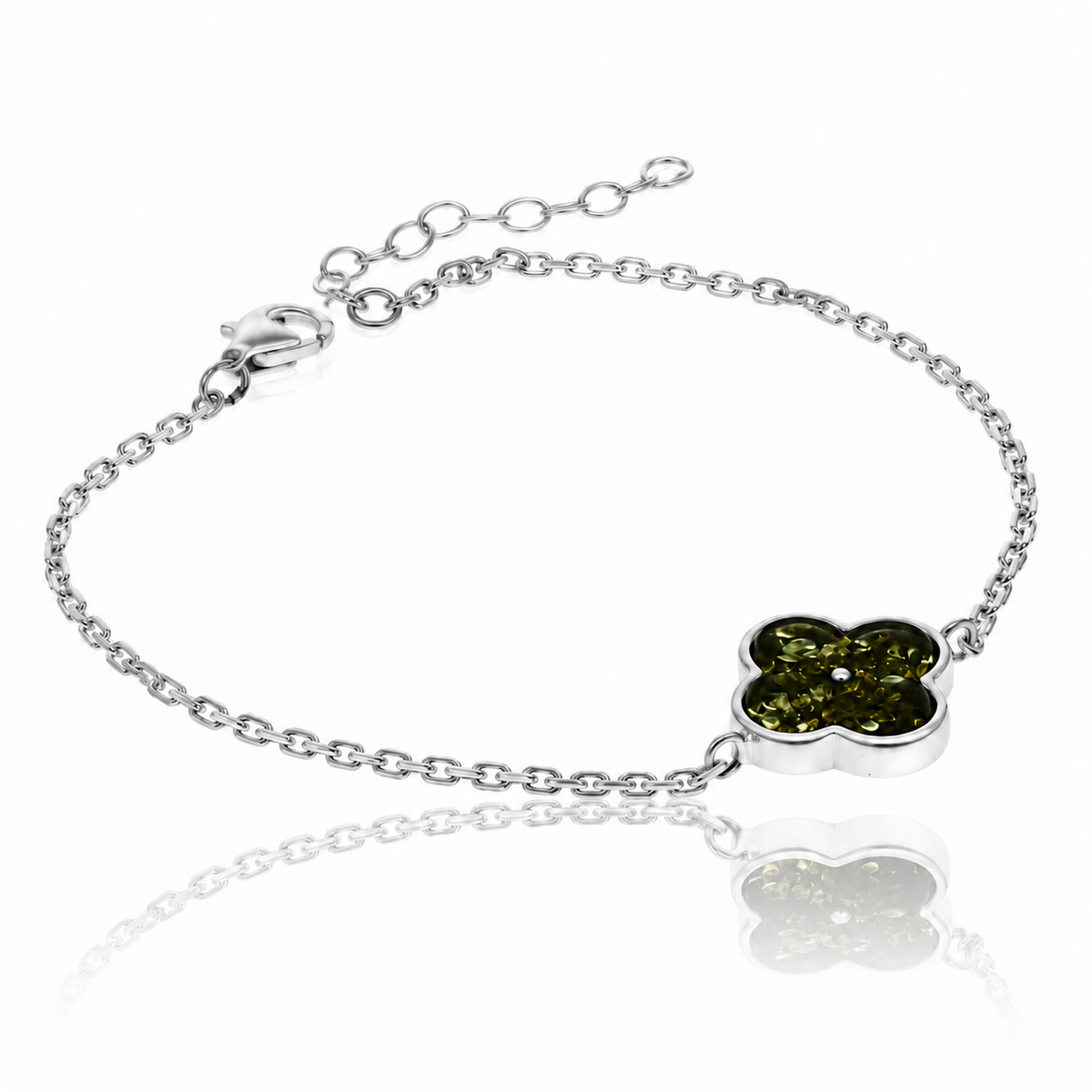 925 Sterling Silver & Genuine Baltic Amber Modern Clover Adjustable Bracelet - AB500
