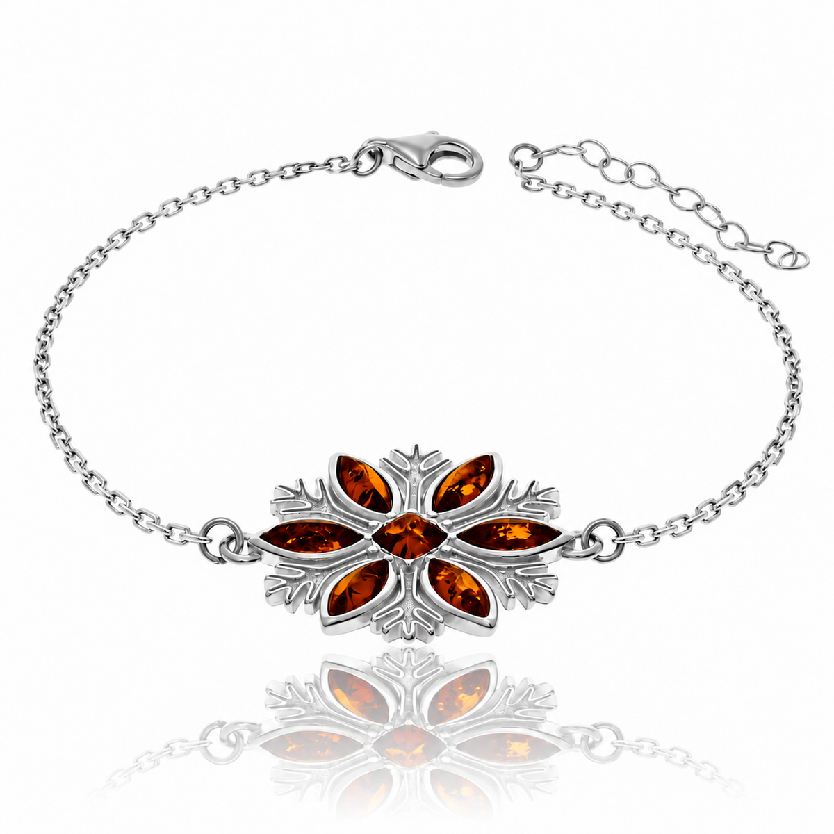 925 Sterling Silver & Genuine Baltic Amber Winter Snow Flake Adjustable bracelet - AB501