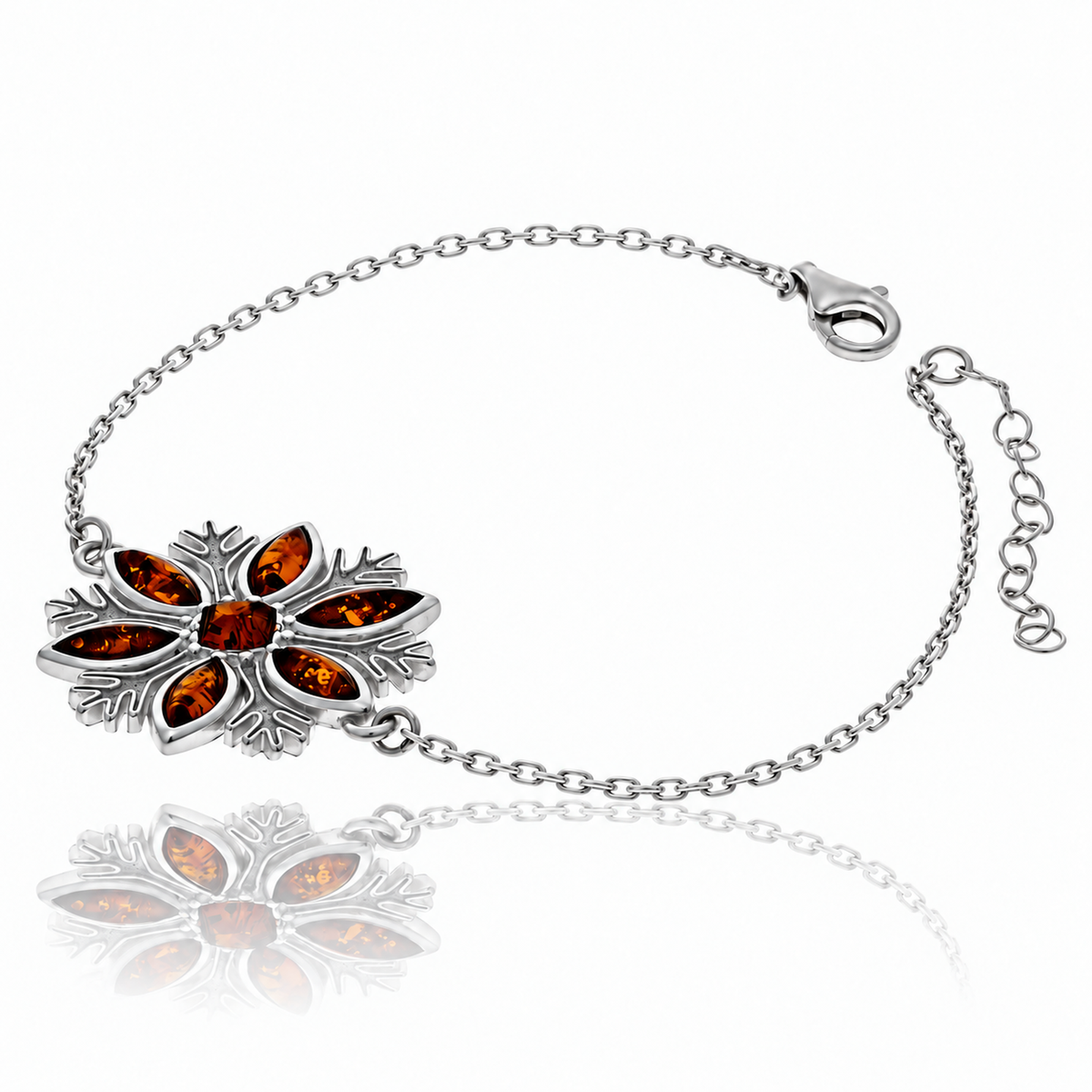 925 Sterling Silver & Genuine Baltic Amber Winter Snow Flake Adjustable bracelet - AB501