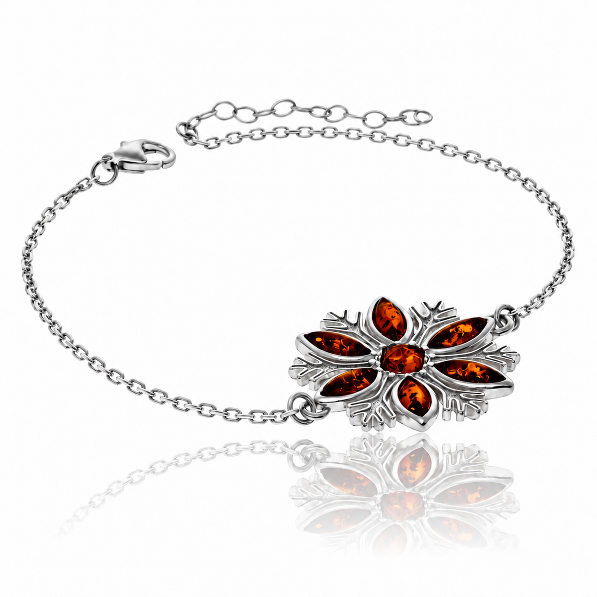 925 Sterling Silver & Genuine Baltic Amber Winter Snow Flake Adjustable bracelet - AB501