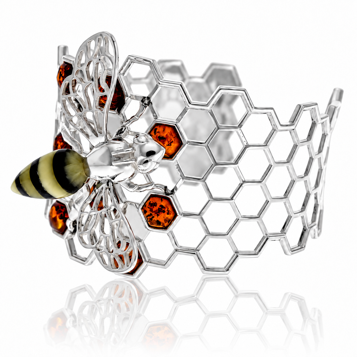 925 Sterling Silver & Genuine Baltic Amber Bee Bangle - AB504
