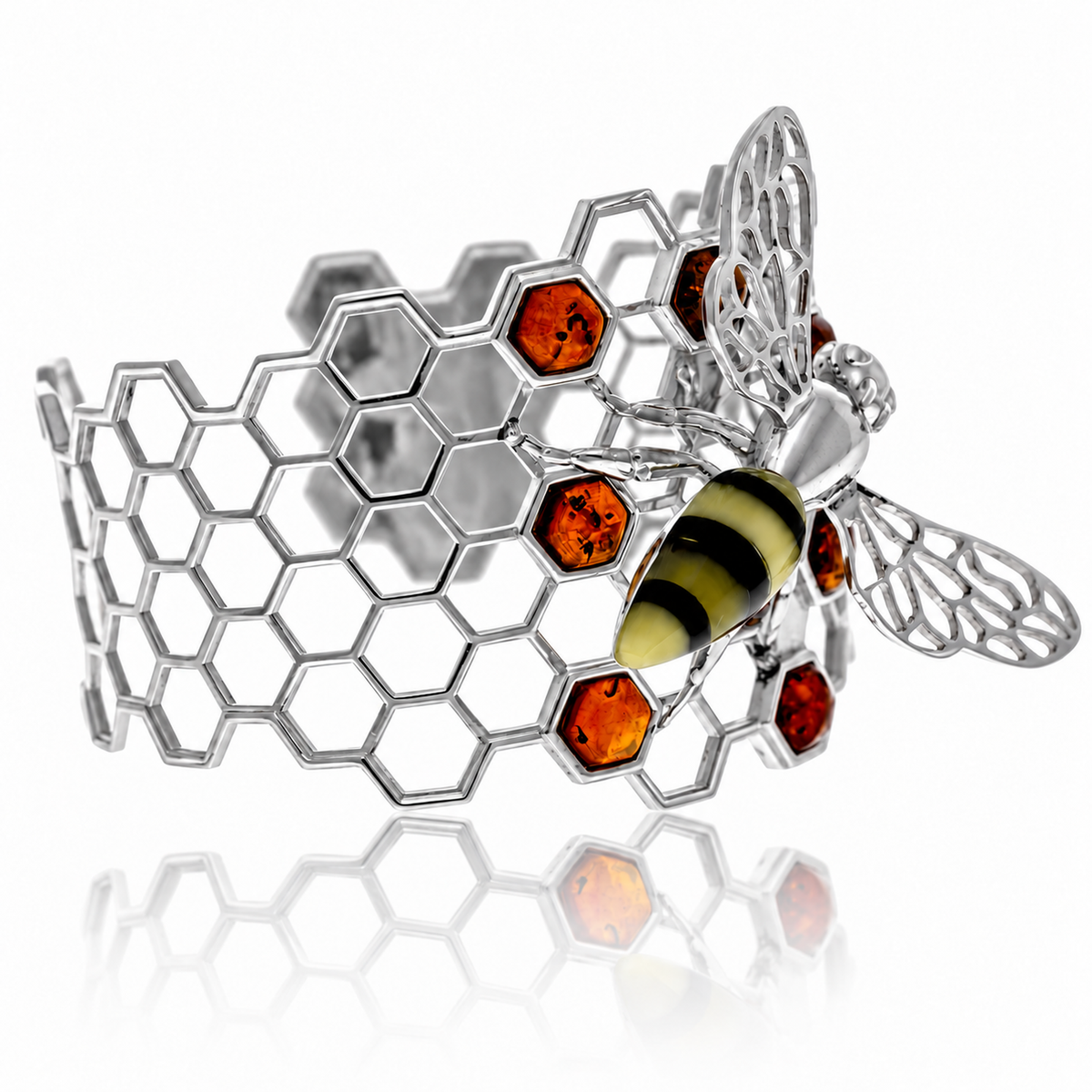 925 Sterling Silver & Genuine Baltic Amber Bee Bangle - AB504